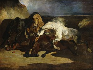 Stallions Fighting in a Stormy Landscape