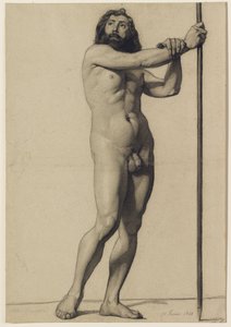 Academic Figure Study: Male Nude Holding a Staff