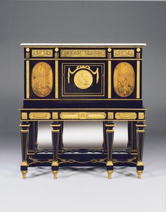 Cabinet-on-stand, incorporating marquetry panels and constructional elements from a commode by David Roentgen, the frieze mounts attributed to Francois Redmond by Alfred Emmanuel Louis Beurdeley