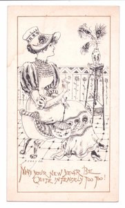Victorian New Year Card of an Aesthetic Admiring a Vase of Peacock Feathers, c.1881 by Alfred Gray