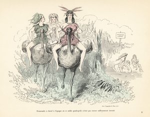 Women in animal skins and feathers riding ostriches and swans