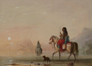Indian and His Squaw Fording a River by Alfred Jacob Miller