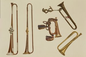 Cavalry Trumpet, a Bugle, a Gilt Trumpet Made by John Harris, a Trumpet and a Silver-Mounted Trumpet by William Ball by Alfred James Hipkins