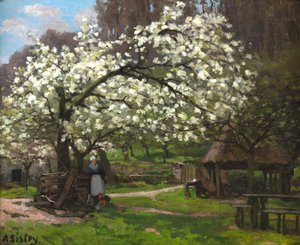 Spring, peasant woman under trees in bloom by Alfred Sisley