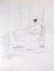 George Sand (1804-76), reading on a sofa beside a window, 1833