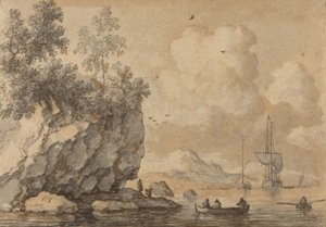 Figures in Rowing Boats in a Rocky Cove, Sailing Ships Beyond