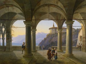 Pillar Terrace with People and View of a Mountain Lake by Alois Gustav Schulz
