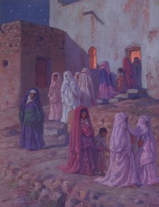 Muslims leaving the village mosque on the Eve of Mouled (illustration from a history of the life of the Prophet Mohammed)