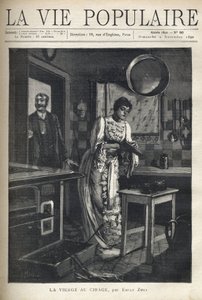 An elegant woman waxes a shoe in the kitchen of a house. A man opens the door behind her. Illustration by Alfons Maria Mucha by Alphonse Mucha