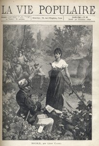 An Old Man Reads a Letter to a Beautiful Young Peasant Holding a Fake (Reaper). Hunters are Watching the Scene in the Distance. Illustration by Alfons Maria Mucha by Alphonse Mucha