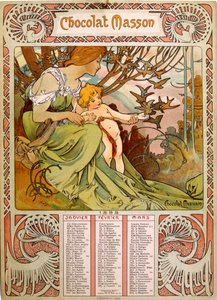 Chocolate Masson calendar illustrated by Mucha, a Czech Art Nouveau painter