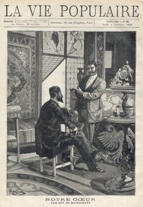 Two men, one sitting and the other standing, face each other and are in full conversation, smoking cigarettes in a richly decorated living room (stained glass windows, furniture, art objects). Illustration by Alfons Maria Mucha (Alphonse Marie Mucha) by Alphonse Mucha