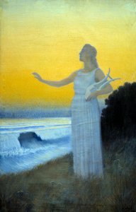 Anthem to the Sea: Young Woman Holding a Lyre Facing the Sea, Evoking the Greek Poetess Sappho