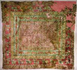 Pile Carpet depicting horses, riders, fallow deer and griffins, from Pazyryk burial mounds by Altaic School