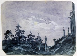 View of Grounds of a Fantastic Chateau by Moonlight