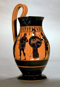 Attic black-figure olpe depicting Athena Confronting Poseidon