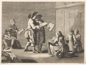 Five Men and Women Looking at Prints