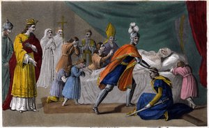 Death of Pepin of Herstal (635-714) surrounded by his family - Death of Pepin de Herstal (grandfather of Pepin the Short), surrounded by his family and in the presence of Dagobert III (714) - Drawn and engraved by Ambroise Tardieu in 1825