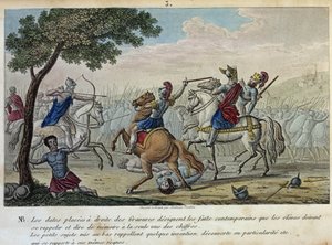 Merovee (447-458) defies Attila at the Catalaunique Fields near Troyes with Aetius and Theodoric I. He is the presumptuous King of the Francs-Salians and gave his name to the Merovingian dynasty. - Draw and grave by Ambrose Tardieu in 1825. by Ambroise Tardieu