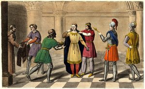 Thierry III is taken from the abbey of Saint Denis to rise to the throne. Designed and engraved by Ambroise Tardieu in 1825