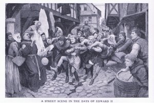 A street scene in the days of Edward II