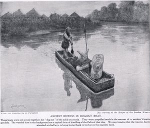 Ancient Britons in dug-out boat, illustration from 