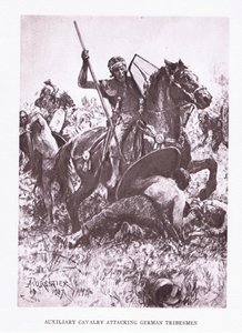 Auxiliary Cavalry Attacking German Tribesmen (illustration from The Roman Soldier) by Amedee Forestier