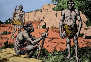 Prehistory: representation of Homo rhodesiensis or man of Broken hill, ancestor of Homo sapiens, whose fossils were discovered in Rhodesia (present-day Zambia in Africa). Drawing by A. Forestier