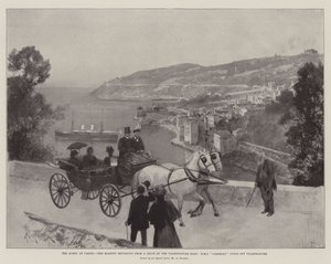 The Queen at Cimiez, Her Majesty returning from a Drive by the Villefranche Road, HMS Cambrian lying off Villefranche