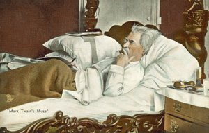 Mark Twain, lying in bed, smoking a cigar