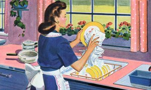 1940s Homemaker Washes Dishes in Her Dream Kitchen by American School