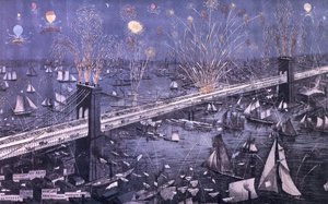 A Birds-Eye View of the Great New York and Brooklyn Bridge and Grand Display of Fireworks on Opening Night, 1883
