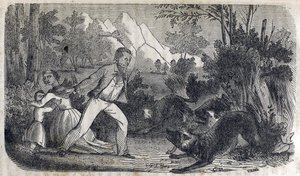 A man standing in front of a woman and child fighting off dogs by American School