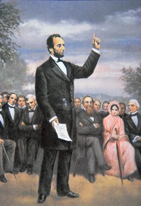Abraham Lincoln (1809-65) delivering the Gettysburg address at Gettysburg, Pennsylvania, November 1863 by American School