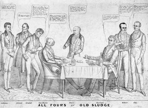 All Fours or Old Sludge, political cartoon depicting president Martin Van Buren playing cards against William Henry Harrison amidst other statesmen and politicians, 1836