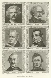 American Authors, Mark Twain, Hawthorne, Cooper, Irving, Emerson, Thoreau by American School