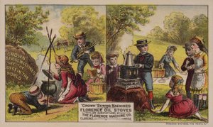 American trade card advertising sewing machines and oil stoves manufactured by the Florence Machine Company, Massachusetts by American School