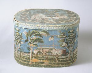 Bandbox Covered with Block-Printed Paper Showing View of Castle