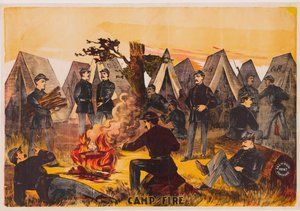 Camp Fire, pub. c1865 colour lithograph by American School