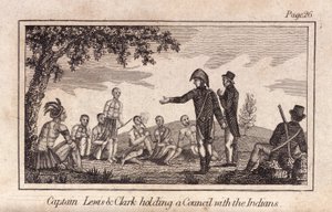 Captain Lewis & Clarke holding a Council with the Indians, pub. 1812 (engraving)