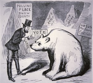 Cartoon depicting American politician trying to find voters in Uninhabited Alaska by American School