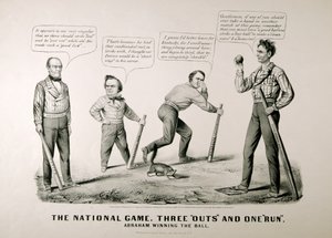 Cartoon showing Abraham Lincoln Winning the Ball against his opponents Douglas, Bell, and Breckenridge in the Presidential Election of 1860