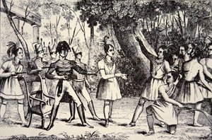Chief Tecumseh defying General Harrison (engraving) by American School
