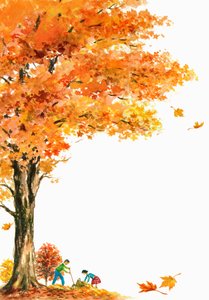 Children Raking Fall Leaves Under a Large Maple Tree by American School