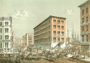 Corner of Clark and South Water Street, from Chicago Illustrated, with Literary Descriptions by James W. Sheahan, Published by Jevne & Almini, Chicago by American School