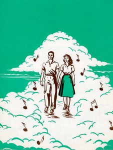 Couple Walking in Clouds Surrounded by Musical Notes by American School