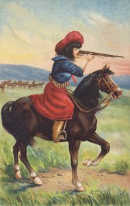 Cowgirl on horseback aiming a rifle by American School