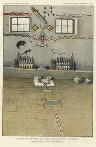 Dry painting, fetishes, and wall decorations of Thlewekwe (sword swallower fraternity) by American School