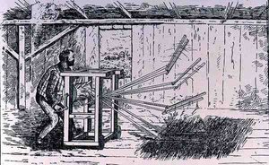 Early attempts at threshing machines, illustration from The Growth of Industrial Art, 1892, from The Pageant of America, Vol.3, by Ralph Henry Gabriel, 1926 by American School