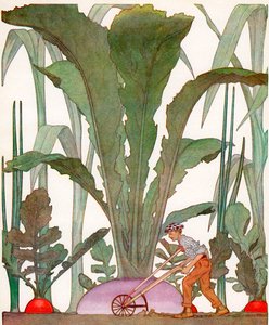 Farmer Cultivating Gigantic Garden Vegetables by American School